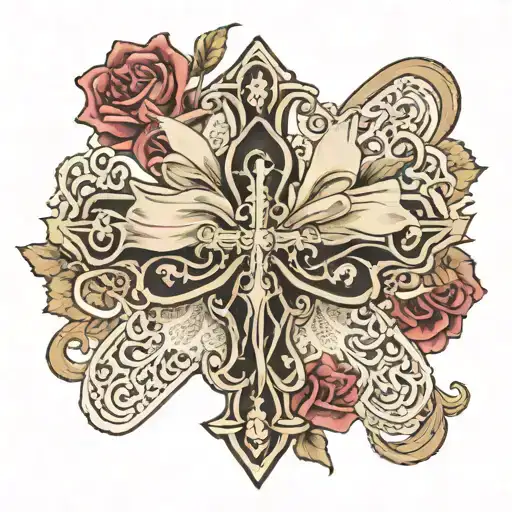 cross with lace bow tattoo design idea