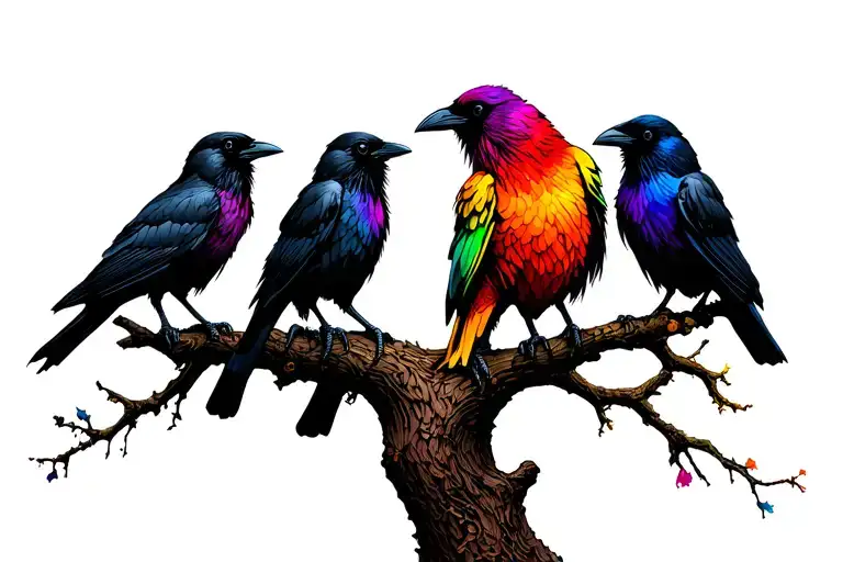 3 crows all black and 1 in rainbow colours. Shilloette sitting on a tree branch in the style of the sandman comic.  tattoo design idea