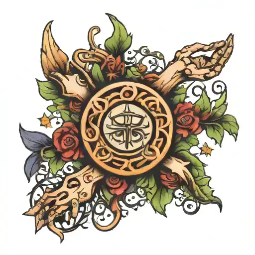 Hand tattoo, want symbols of brigid, osiris, hecate, and cernunnos, stars in between symbols, vines coming down from the tattoo design idea