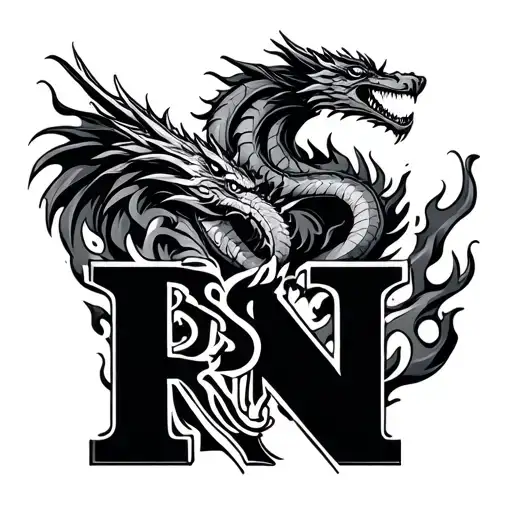 Freedom, dragons, flames, family with the integrated letters R, E, S, N tattoo design idea