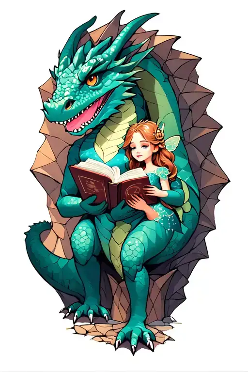 large dragon being read a storybook by a small fairy in a jeweled cave. the dragon wrapped around the fairy girl leaning tattoo design idea