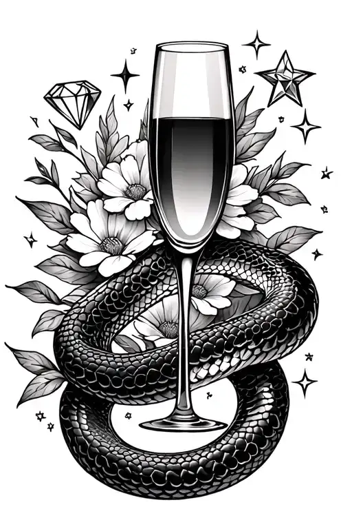 snake, champagne glass, diamond, stop light, and stars in a floral design tattoo design idea