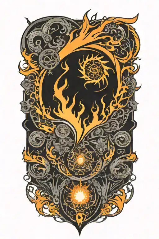Flames from knee turning into a glowing fractal path on the thigh, leading upward from darkness to light tattoo design idea