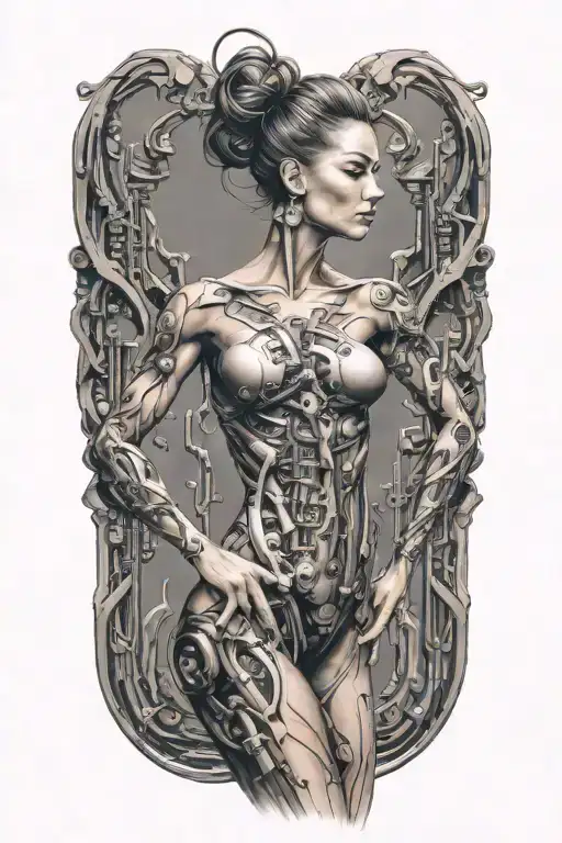 fitness bodybuilder women with technology circuits merging tattoo design idea
