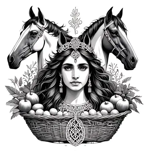Celtic Goddess, Epona. surrounded by Horses and baskets of fruit tattoo design idea