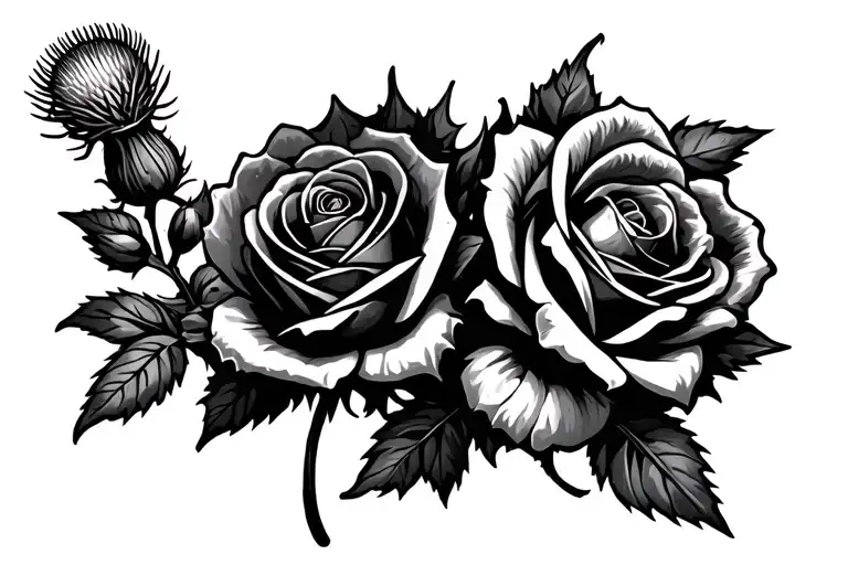 roses and scottish thistle tied together tattoo design idea