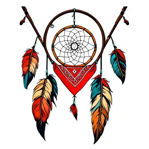 red bandana around a dream catcher with fishing poles crossed behind it tattoo design idea