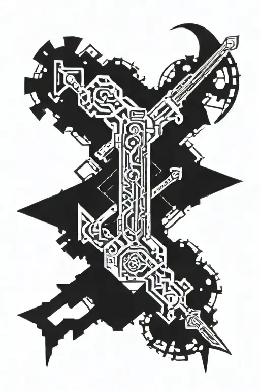 doodle gear armor sword gun intertwined tattoo design idea