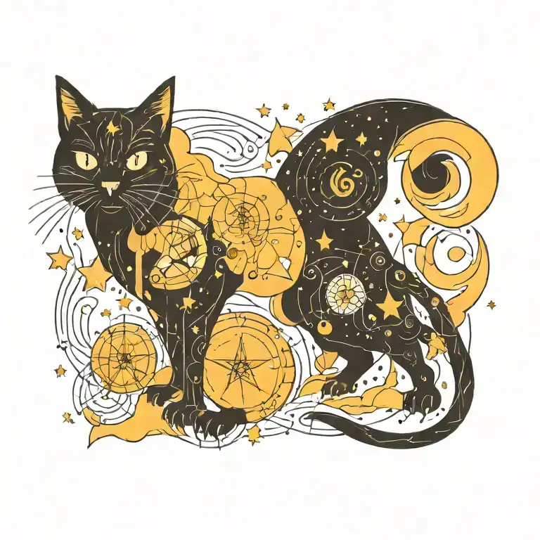 A new-school interpretation of a witch's familiar, such as a black cat or owl, adorned with zodiac constellations and alchemical symbols tattoo design idea