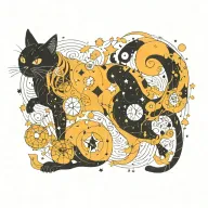 A new-school interpretation of a witch's familiar, such as a black cat or owl, adorned with zodiac constellations and alchemical symbols tattoo design idea