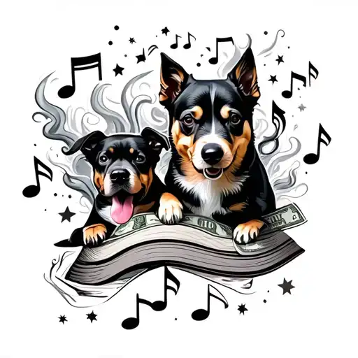 music notes, money, stars, smoke, dogs tattoo design idea