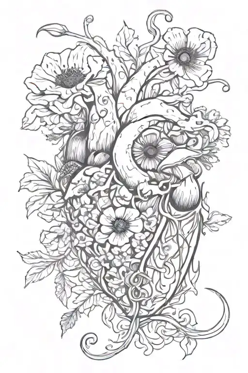 abstract design human heart, poppies, anemones, mushrooms, love and the letters J and C tattoo design idea