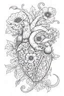 abstract design human heart, poppies, anemones, mushrooms, love and the letters J and C tattoo design idea