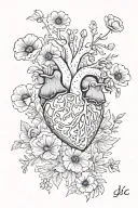 abstract design human heart, poppies, anemones, mushrooms, love and the letters J and C tattoo design idea