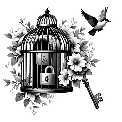 Cage with flowers and a key and a padlock and the door open with a bird that fly away tattoo design idea