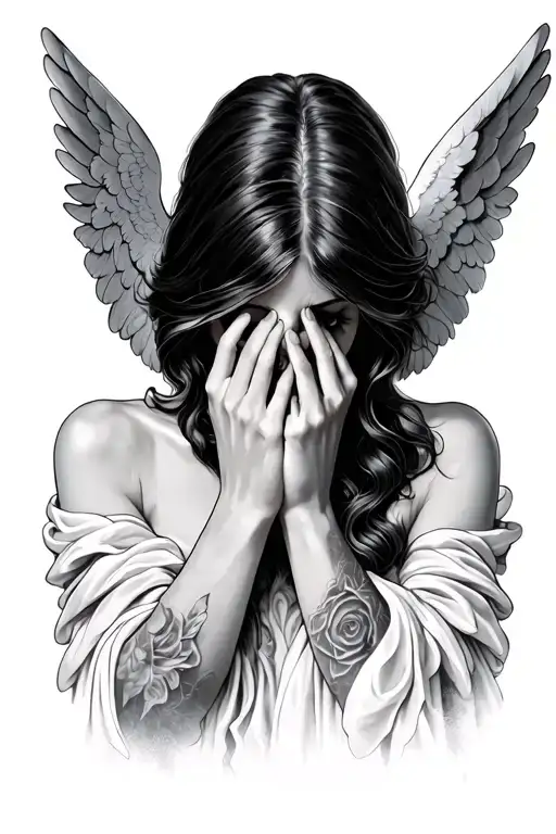 angel covering face with hands with eyes on the hands tattoo design idea