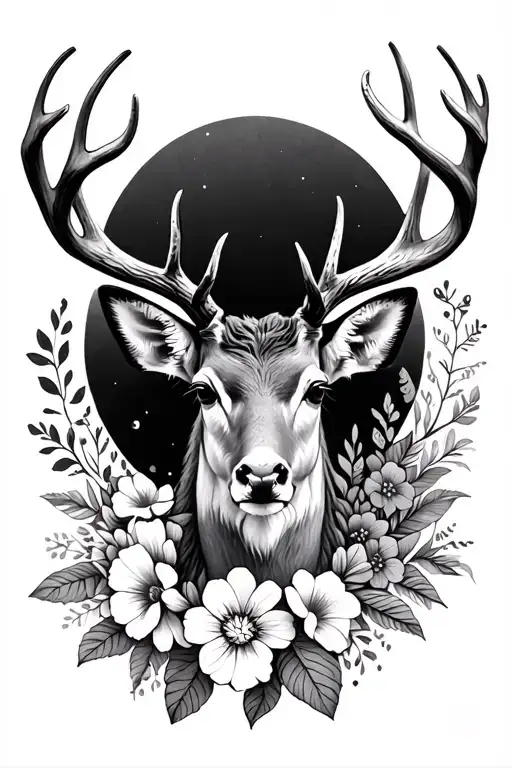 deer with flowers wrapped tattoo design idea