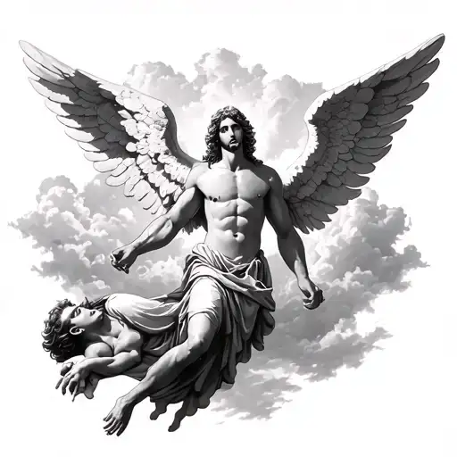 Make an fallen angel falling through the sky and god watching him over the sky like a tatto tattoo design idea
