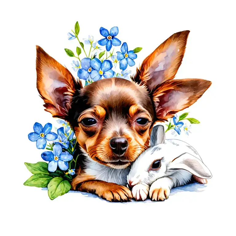 Miniature Pinscher and white rabbit sleeping with forget me not flowers tattoo design idea