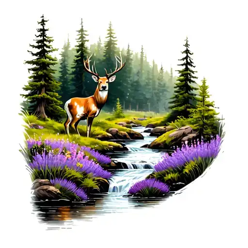 FOREST DEER AND STREAM WITH DEEP PURPLE LAVENDER AND PINK tattoo design idea