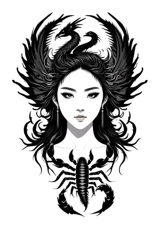 silouette of a woman’s face serene and powerful with pheonix and dragon. A scorpion on her breast revealing it tattoo design idea