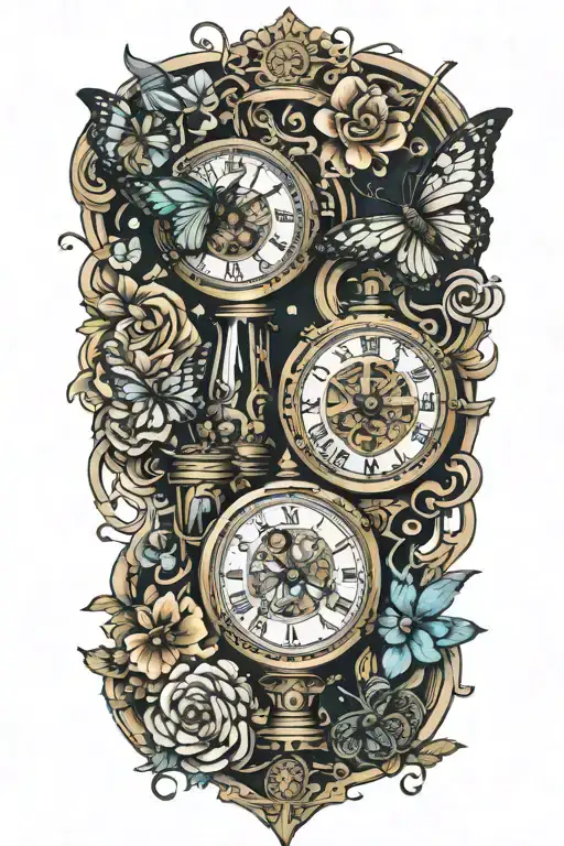 two steampunk clocks with hourglass, butterflies, suicide awareness ribbon, cosmos and merigolds tattoo design idea