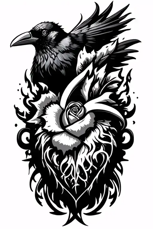crow rose and firey heart celtic tattoo design idea