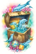 treasure chest smoking with ideas: Dolphins, D20 dice, paint brushes tattoo design idea