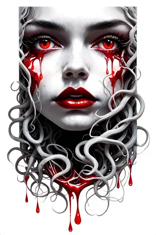 Medusa, glossy lips, red tears dropibg out of empty Eyes tattoo design idea