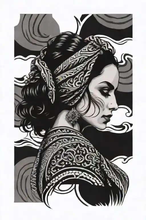 powerful flamenco dancing woman with beautiful eyes infront of a palestinian keffiyeh design background tattoo design idea