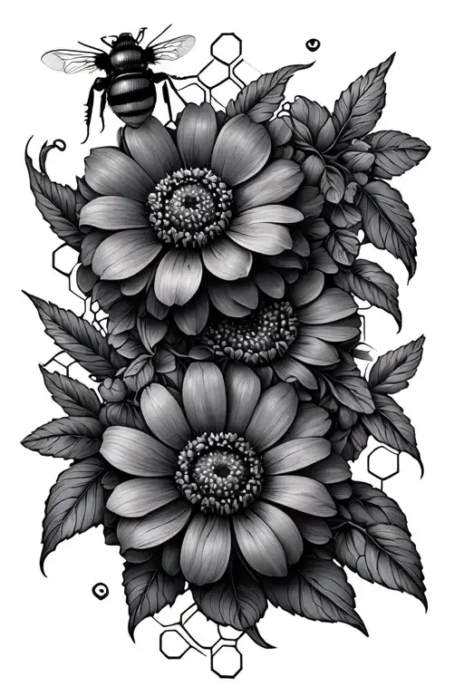 bee flowers honeycomb pattern intertwined tattoo design idea