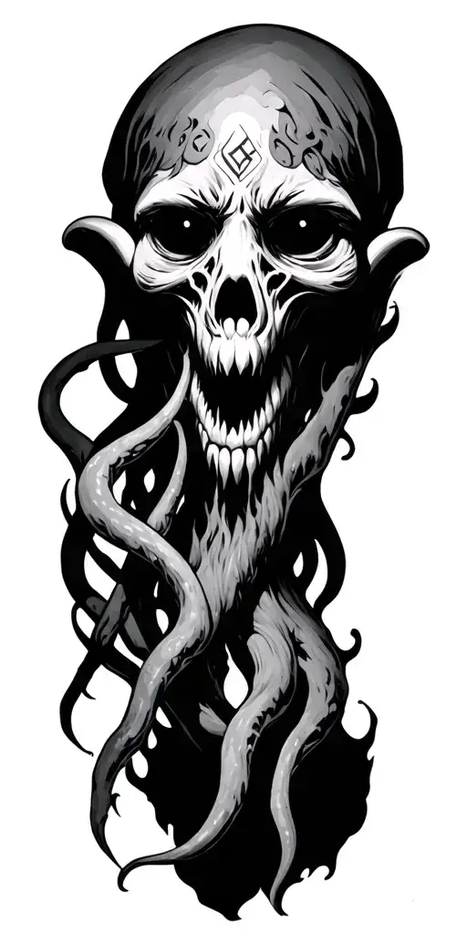 Eldritch Horror Cybersigilism with demonic runes and cthulhu eyes tattoo design idea