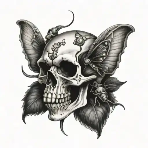 skull with bugs crawling out of its mouth open tattoo design idea