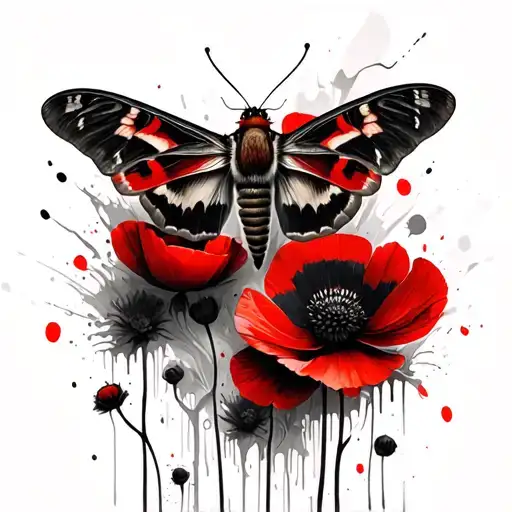 in the middle of the picture there will be a moth sitting on Wild poppies tattoo design idea