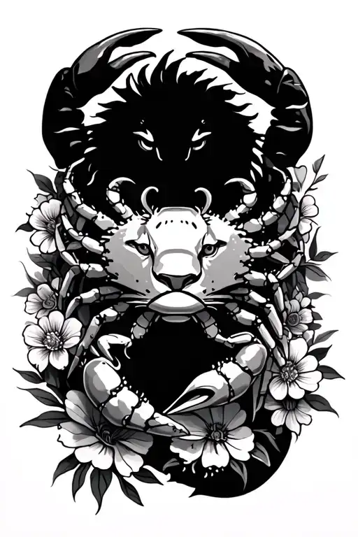crab, lion and scorpion hybrid surrounded by flowers tattoo design idea