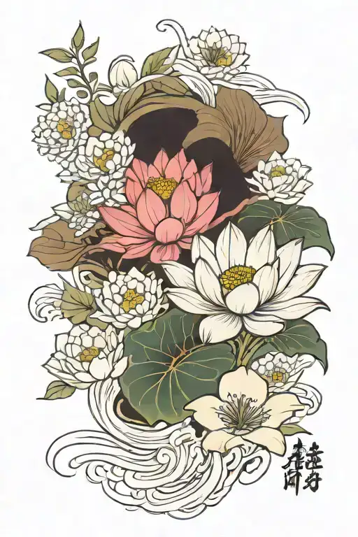 天上天下 唯我独尊 and lotus flower blooming tattoo design idea