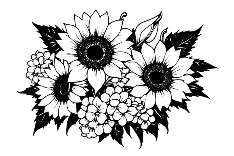 sunflowers, calla lilies, hydrangeas, camping, dogs, music tattoo design idea