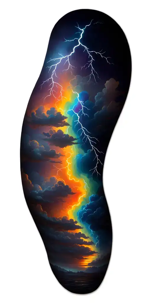 rainbow, magic, storm clouds with lightning tattoo design idea