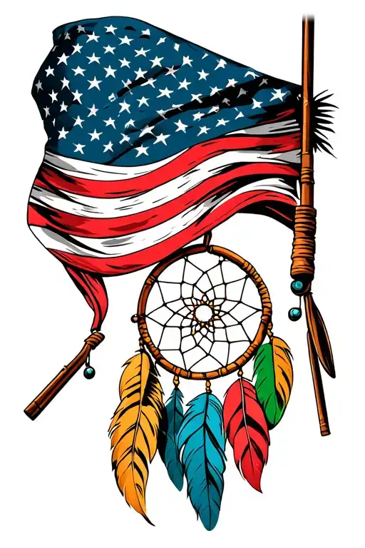 american flag bandana with fishing poles and a dream catcher tattoo design idea
