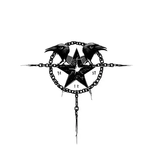 3 decapitated ravens distressed chained up in a circle with a star in the direct center  tattoo design idea
