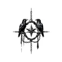 3 decapitated ravens distressed chained up in a circle with a star in the direct center  tattoo design idea