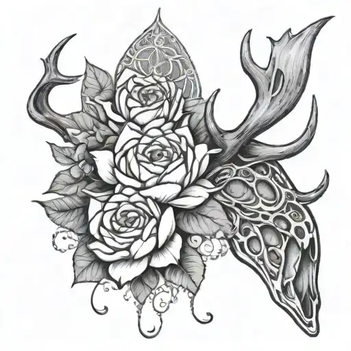 antler with water lily, rose, fish hook inside tattoo design idea