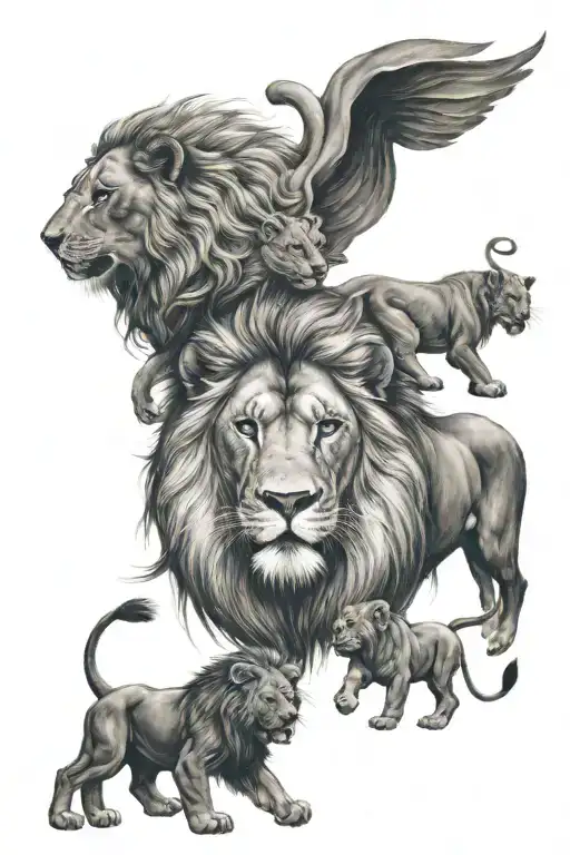 storm with lion and 4 baby cubs. with dad lion protecting all tattoo design idea