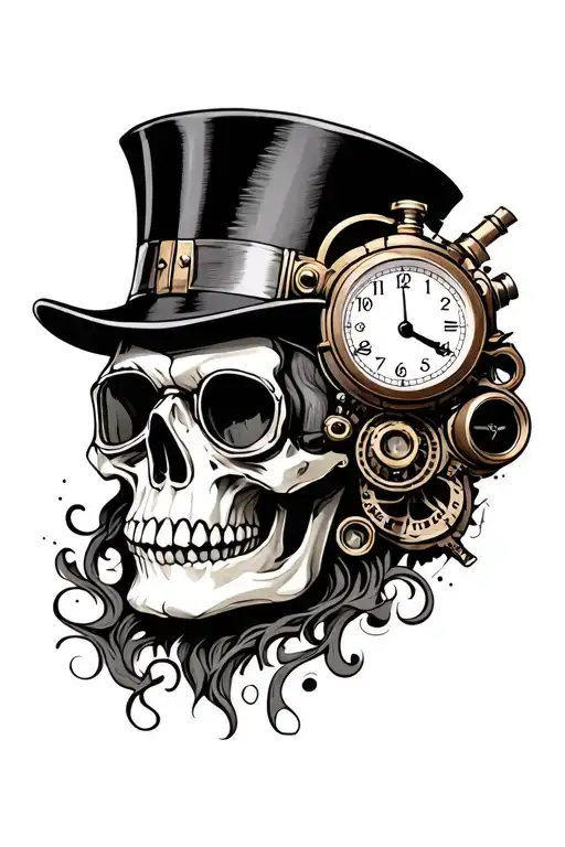 Steampunk skull wearing top hat and goggles with clock tattoo design idea