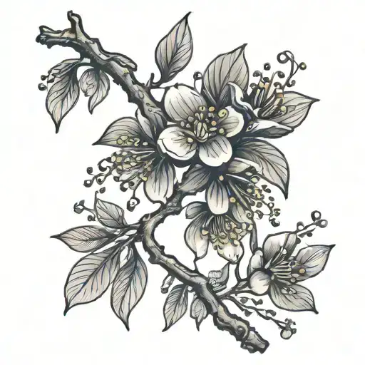 small plum with blossoms on a branch surrounded tattoo design idea