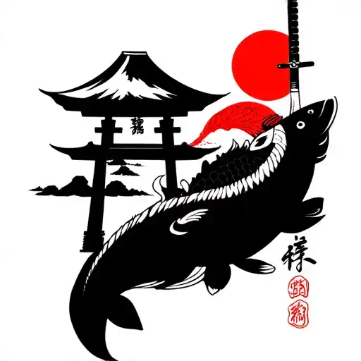 I want a rectangle that is not too thin, a Japanese torii gate, Mount Fuji, a katana, a red sun, and a koi carp. tattoo design idea