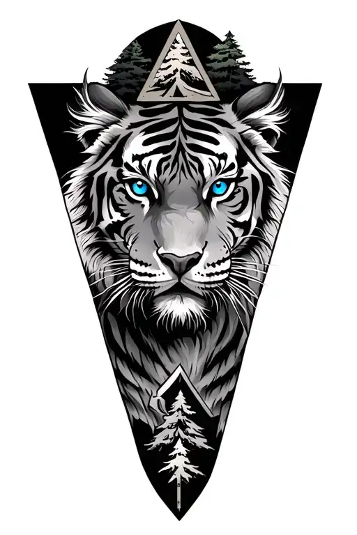viking triangle, tiger with blue eyes and trees. tattoo design idea