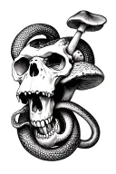  greedy money snake coiling through a  biologically accurate rotten monkey skull that bites into mushroom  tattoo design idea
