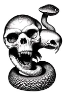  greedy money snake coiling through a  biologically accurate rotten monkey skull that bites into mushroom  tattoo design idea