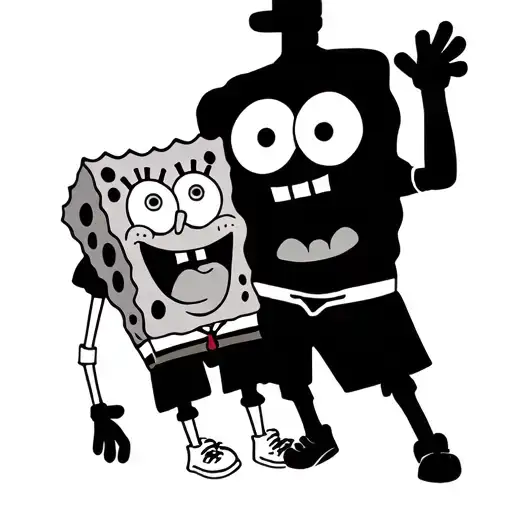 Create an image for a simple tattoo outline for two friends that has Chester, Cheeto and SpongeBob showing the mischievo tattoo design idea
